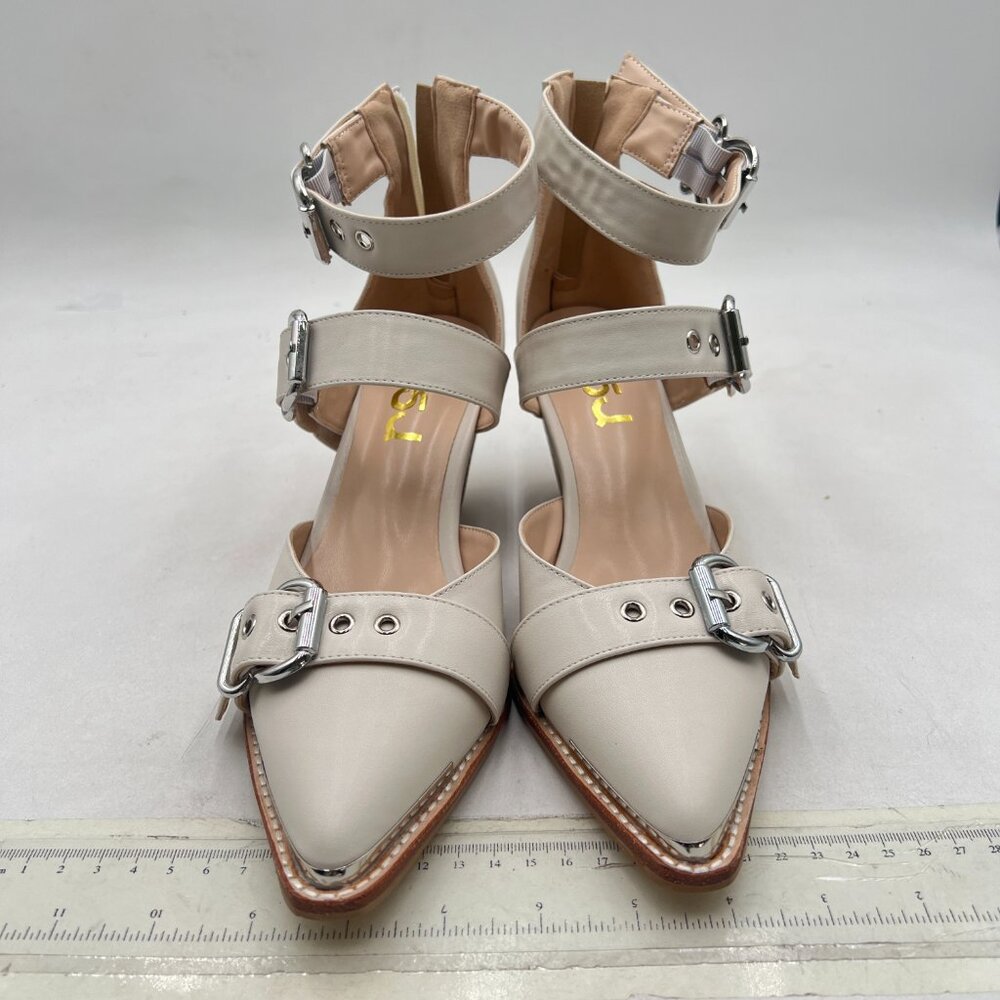 FSJ Beige Buckle Pointed Toe Chunky Heel Sandals - Picture 3 of 7